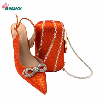 2022 Yeni Gelenler Moda Afrika Kadın Ayakkabı uyumlu çanta Seti Turuncu Renk Rahat Topuklu Platformu Düğün için