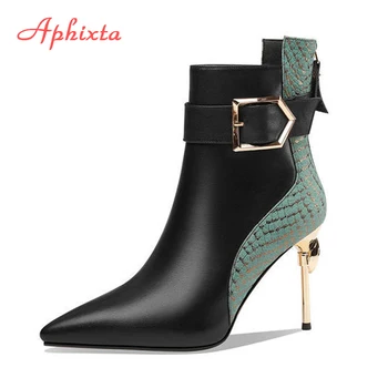 Aphixta Stilettos Topuklu Sivri Burun Çizmeler Kadın Geri Fermuar Kadın İnce Topuk Moda 8cm Çizmeler Artı Boyutu 43