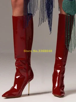 Bordo Diz Yüksek Çizmeler Rugan Ince Yüksek Topuk Fermuar Sivri Burun Moda Kış Kadın Ayakkabı Metal Bıçak Kadın Çizme