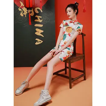 Guochao cheongsam kısa küçük adam kızarmış Sokak 2022 yeni Çin tarzı genç kız elbise yaz pamuk qipao