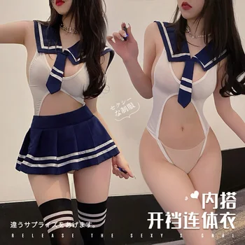 Kawaii Cosplay Öğrenci Üniforma JK Kız Öğrenci Kostümleri Sevimli Japon Backless Bodysuit ve Etekler Kadın Tempatation Seksi İç Çamaşırı