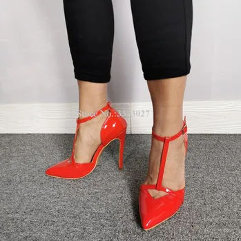 Kırmızı Rugan T-kayışı Stiletto Topuk Pompaları Bayan Moda Sivri Burun Ayak Bileği Toka tek ayakkabı Kadın Gerçek Fotoğraflar Yüksek Topuklu