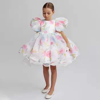 Kız elbisesi çocuk Kabarcık Kollu Prenses Elbise Orta çocuk Örgü Elbise