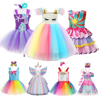 Kızlar gökkuşağı ünikorn Prenses Elbise Şeker Dantel Tutu balo elbisesi Çocuklar Çocuklar İçin Düğün Akşam Örgün Parti Pageant Vestidos