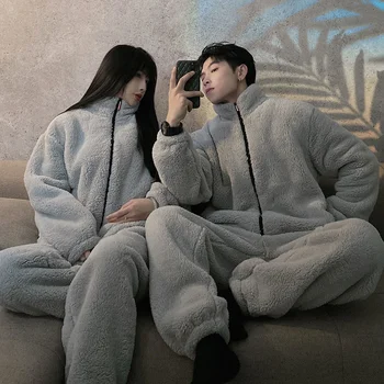 Kışlık pijama Kadın Mercan Polar Gecelik Takım Elbise Çift Uzun Pijama Erkekler Kalınlaşmış Kadife Sıcak Yumuşak Rahat Pijama Seti