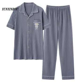 L-5XL Yaz Lüks Pijama Örme Pamuklu erkek Pijama Setleri Uzun Pantolon Pijama Pijama Kıyafeti Pijama Artı Boyutu Gecelik