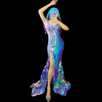 Lazer Ayna Sequins Bölünmüş uzun elbise Moda Akşam Parti Kadın Şarkıcı Modeli Podyum Sahne Kıyafeti Bar Balo Sürükle Kraliçe Kostüm