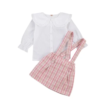 lioraitiin 2-7Years Toddler Bebek Kız 2 Adet Moda Giyim Seti Uzun Kollu Katı Üst Kemer Ekose Gömlek Sonbahar Giysileri