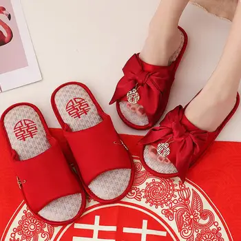 Saten Kapalı Sessiz Çift Terlik Düğün Ev Sandalet Yay İle Yaz Yeni Çin Tarzı Gelin Damat Zapatos De Mujer