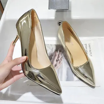 Seksi Topuklu Kadın Pompaları Rugan Yüksek Topuk Ayakkabı Artı Boyutu Moda Sivri Parti Düğün Ayakkabı Bayanlar Stiletto Altın Gümüş